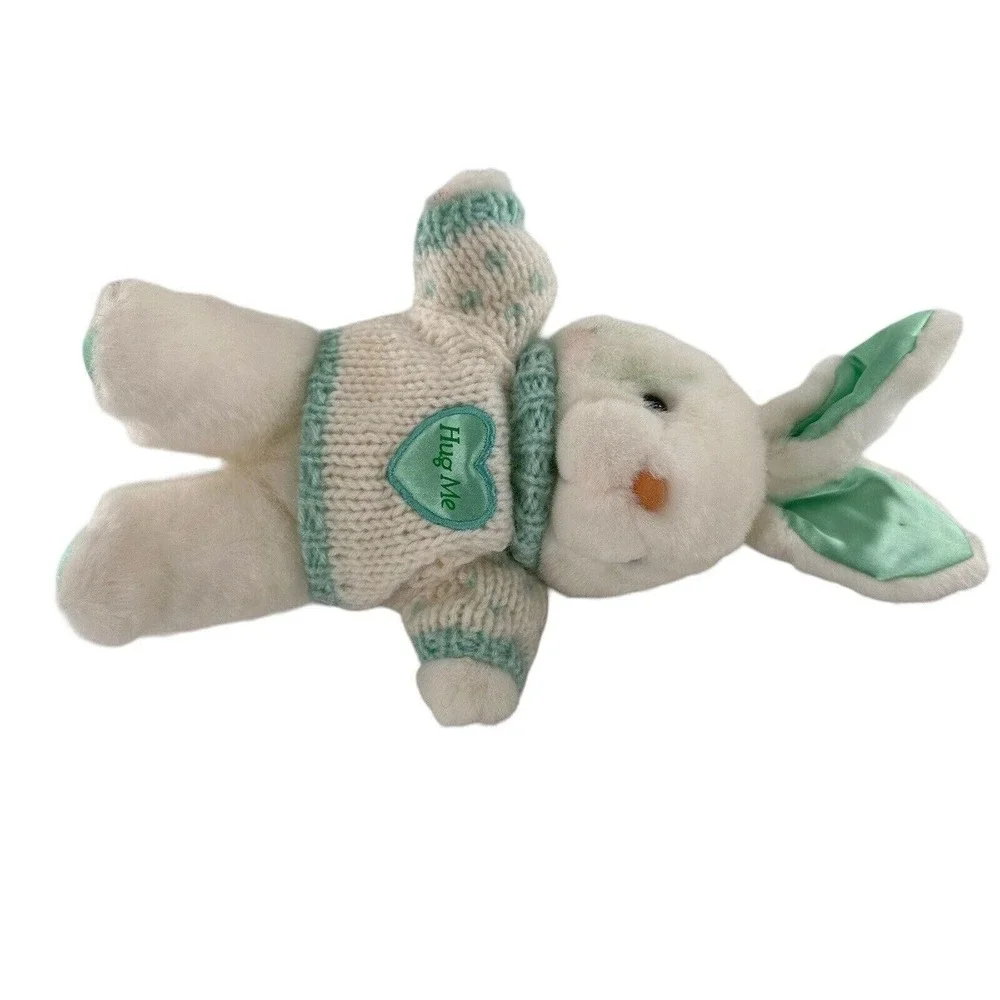 Vintage Main Joy Plush White Bunny Green Knit Sweater Hug Me Heart‎ Easter Satin